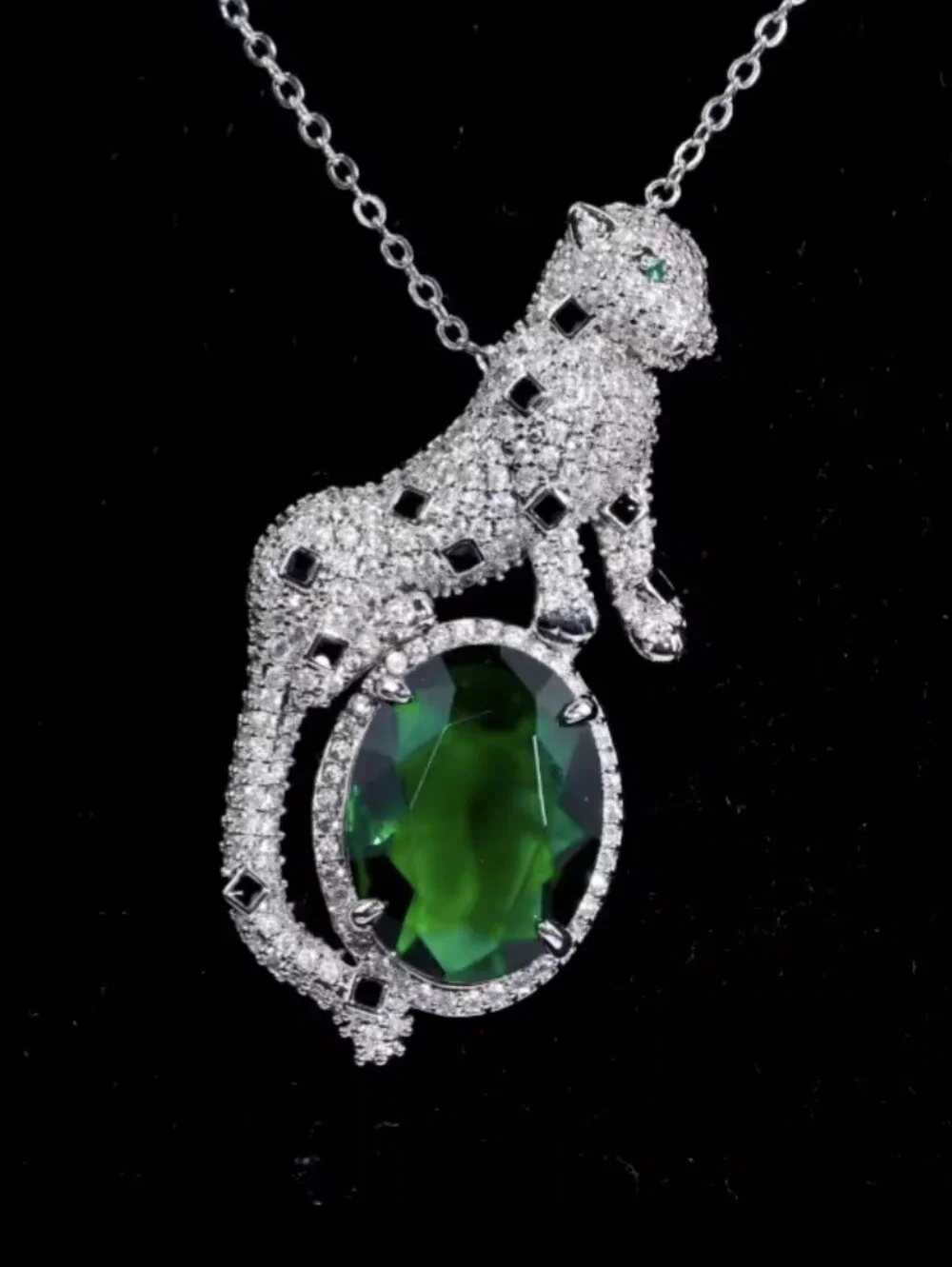 Emerald Green Diamond Leopard Charm Necklace